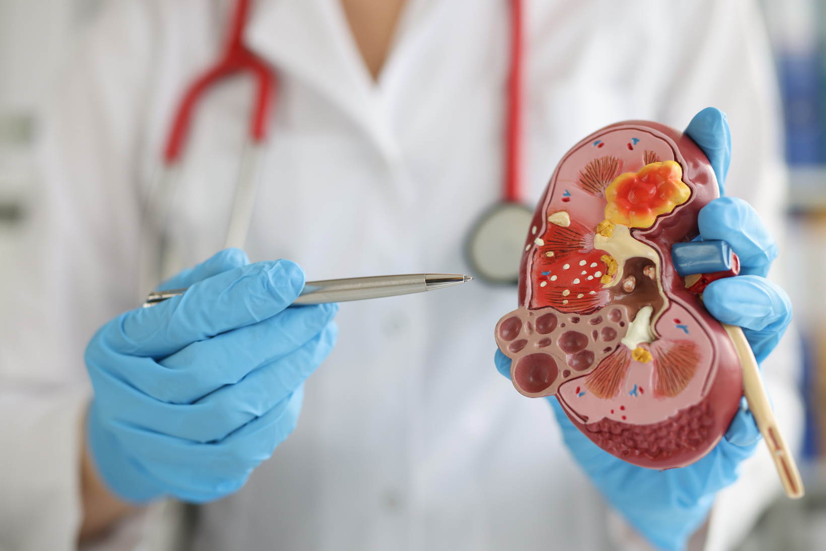Doctor in Hospital Is Standing Holding Anatomical Model of Kidney